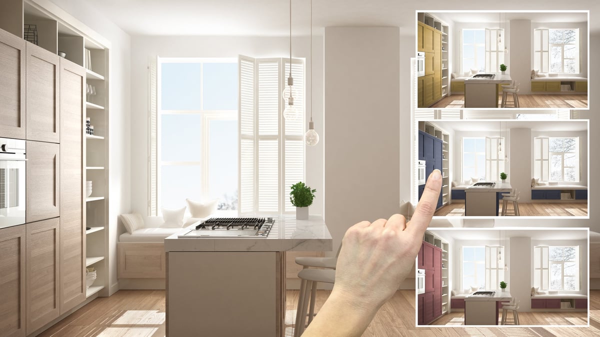 Century Kitchens & Bath online Kitchen Visualizer interface showing cabinet finish and countertop selection