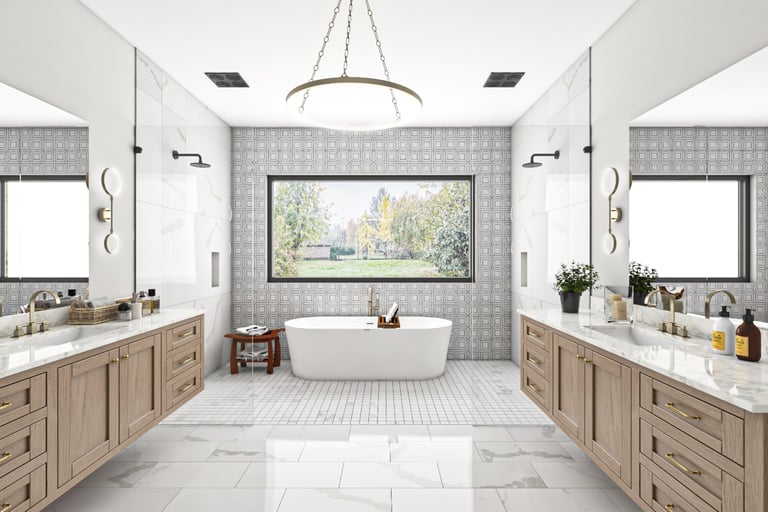 Luxurious primary suite bathroom with frameless walk-in shower, freestanding tub, double vanity, custom tile, heated floors