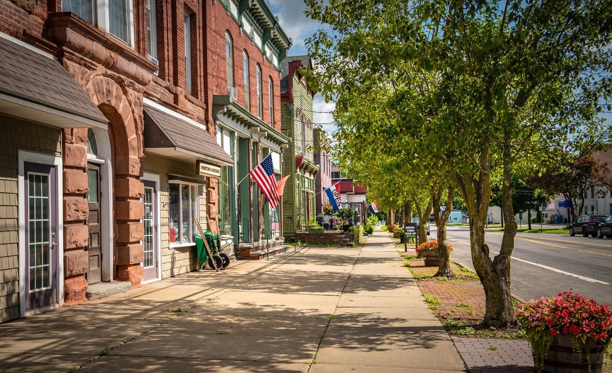 Historic small town main street with charming storefronts and Midwest American character