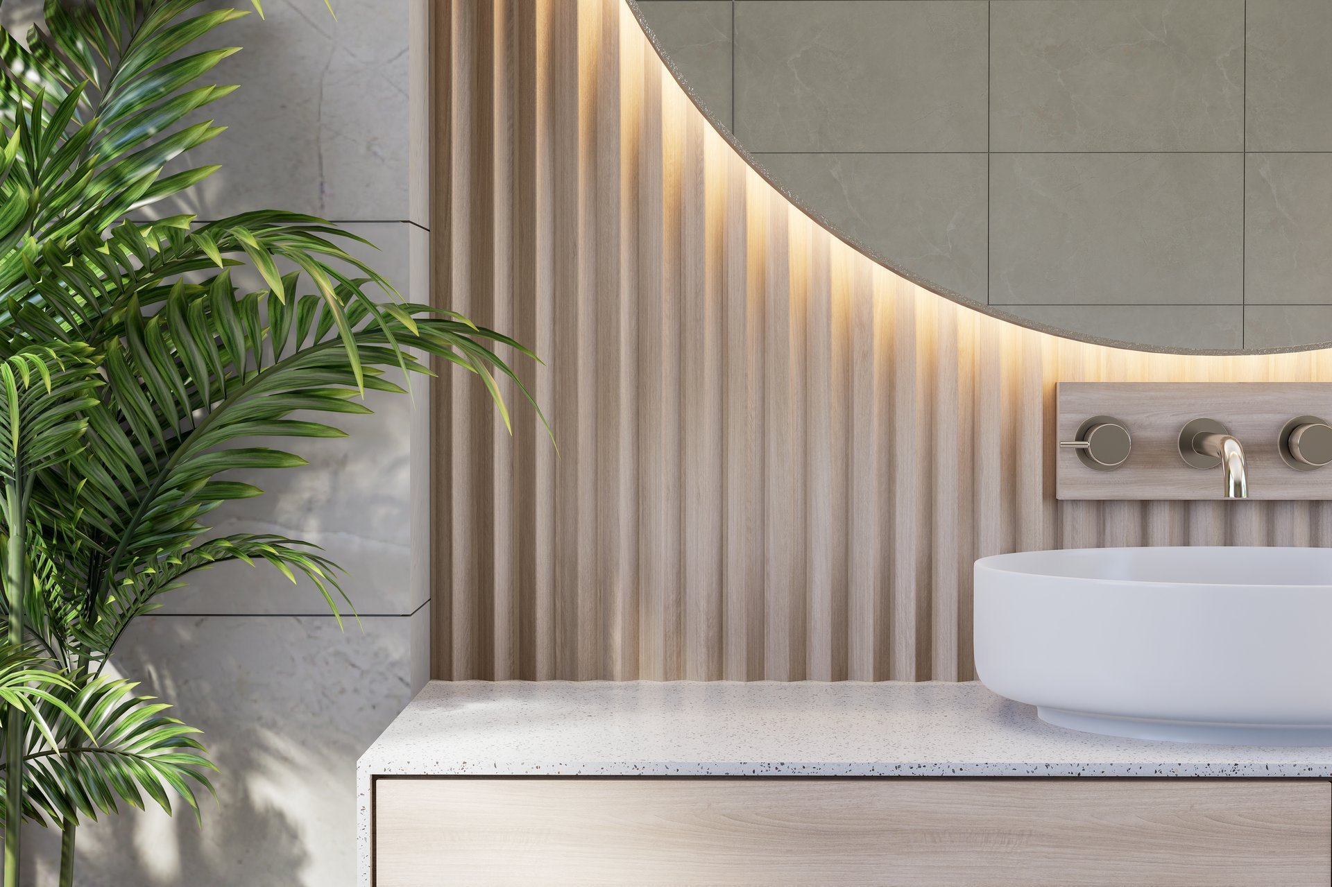 Luxurious primary bathroom with freestanding soaking tub, walk-in shower with frameless glass, neutral tile, warm lighting, and elegant vanity
