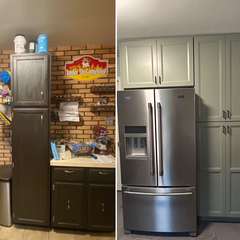 Side-by-side comparison of kitchen renovation showing old black cabinetry with brick backsplash on left and new stainless steel appliances with light gray cabinetry on right