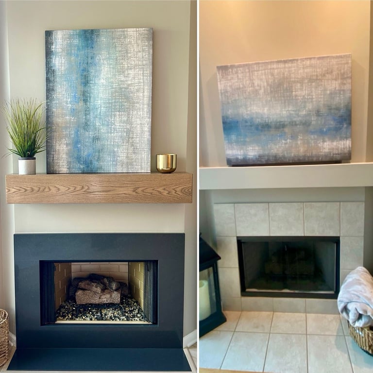 Two fireplace views: left shows blue abstract art above navy fireplace with wooden mantel and plant; right shows fireplace with beige tile surround and laundry basket