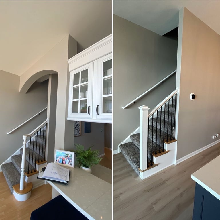 Two views of a modern staircase with white railings, black balusters, and hardwood steps inside a residential home