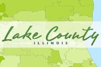 Map of Lake County Illinois with county name in green script text on light green background
