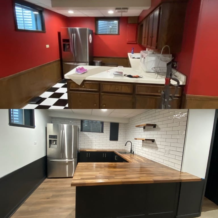 Before and after kitchen renovation showing red walls with checkerboard floor transformed to modern white subway tile and wooden countertops